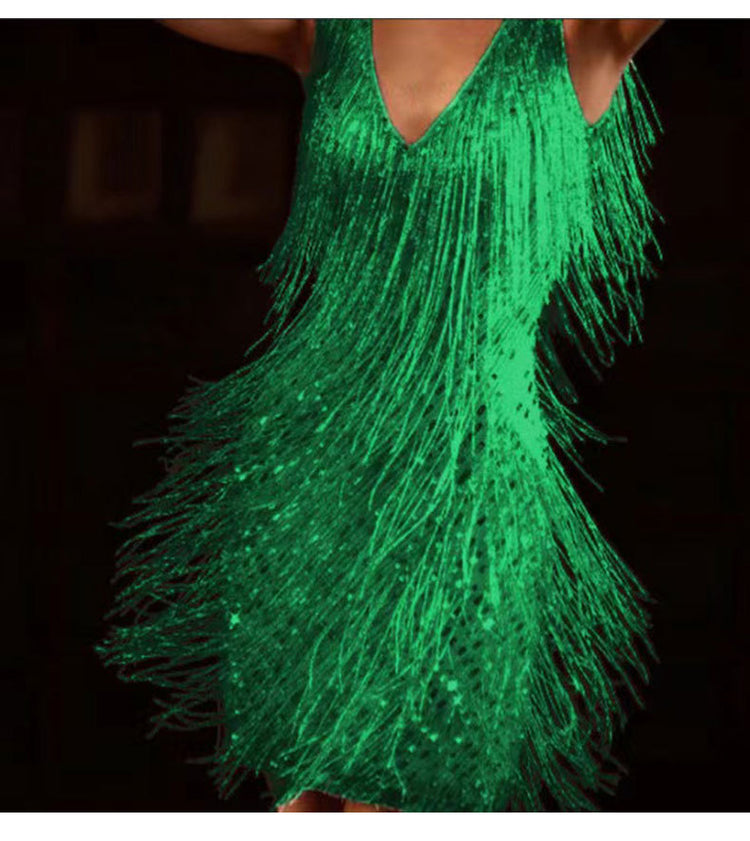 Tassel Elegant Deep V Camisole Gown Dress For Women Green