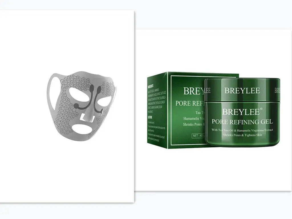 Electric facial massage mask in white silicone next to green Breylee pore refining gel packaging against white background.