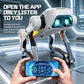 Hands holding smartphone with control app in front of robotic dog toy.