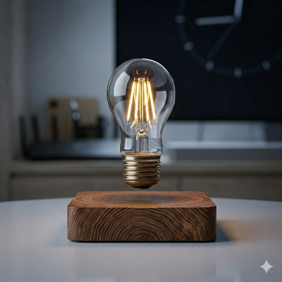 floating electric light bulb above wooden board for interior decorations