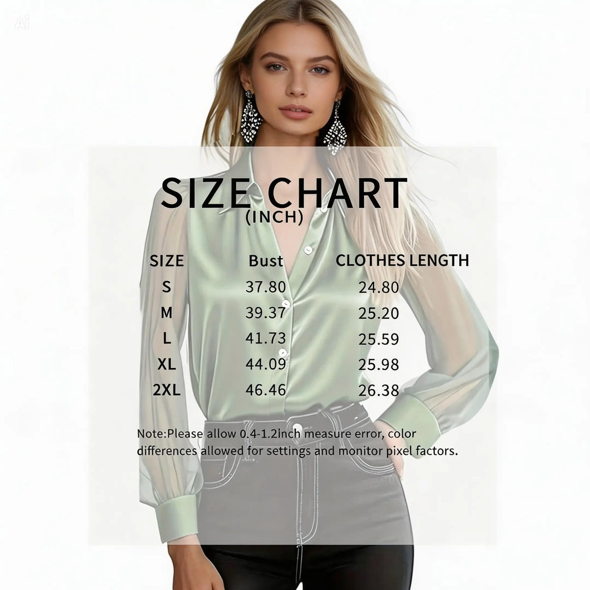 a size chart overlay on a woman wearing an olive green satin blouse with sheer sleeves