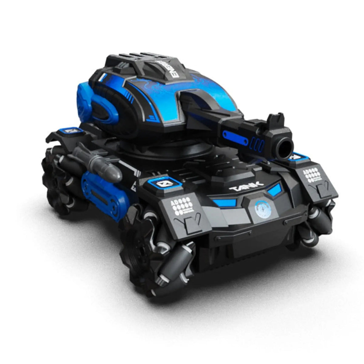 The black and green remote-control automobile with lights on, emitting mist, and musical notes indicating sound effects.