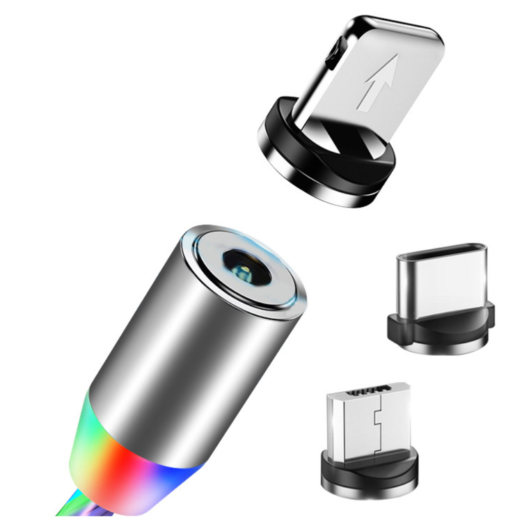 Silver magnetic charging cable with rainbow light effect attached to interchangeable silver connectors