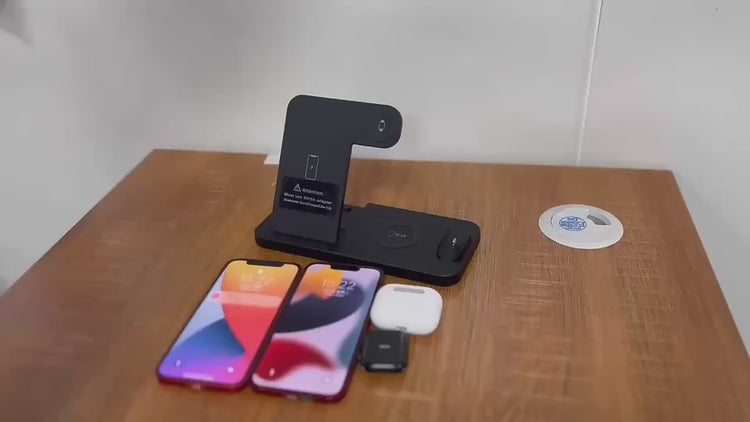 Black phone stand on a wooden surface with a blurred background, followed by a close-up of a phone in a brown handbag.