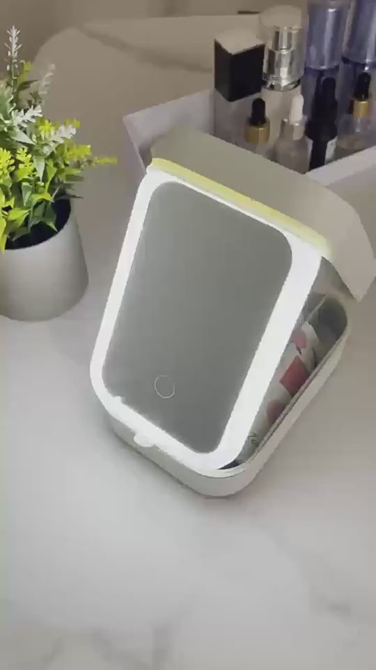 White Portable Makeup Storage Box with LED Mirror