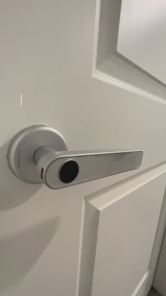Silver Smart door lock system with digital keypad and smartphone app on a white background