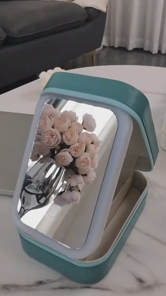 Green Portable Makeup Storage Box with LED Mirror