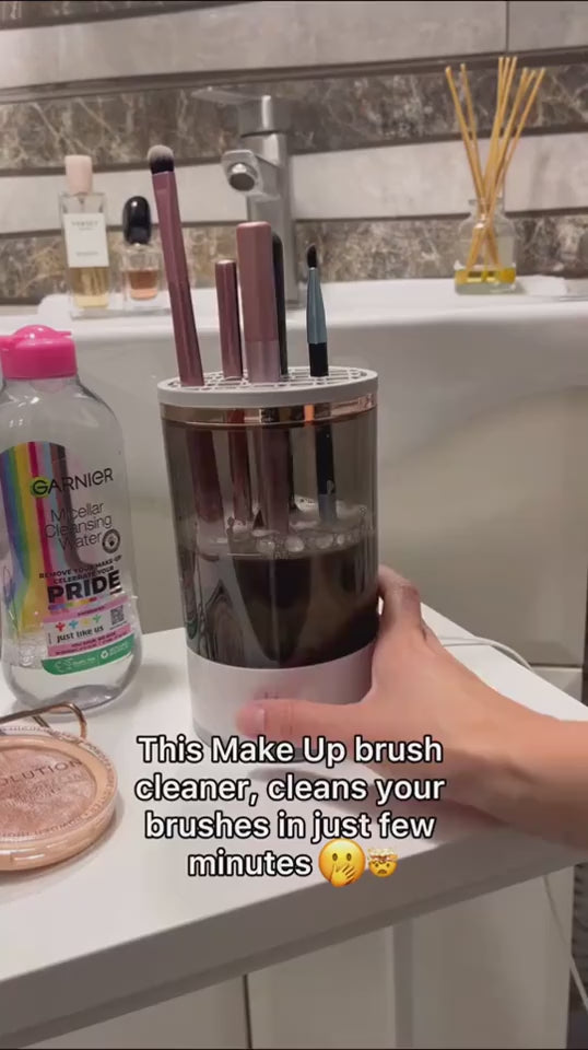 Makeup brush cleaner with brushes inside on a light surface HOW TO USE IT