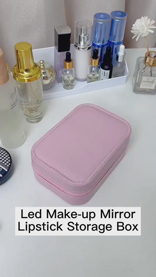 Pink Portable Makeup Storage Box with LED Mirror