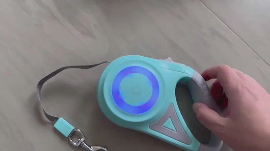 Turquoise retractable dog leash and collar on a colorful background