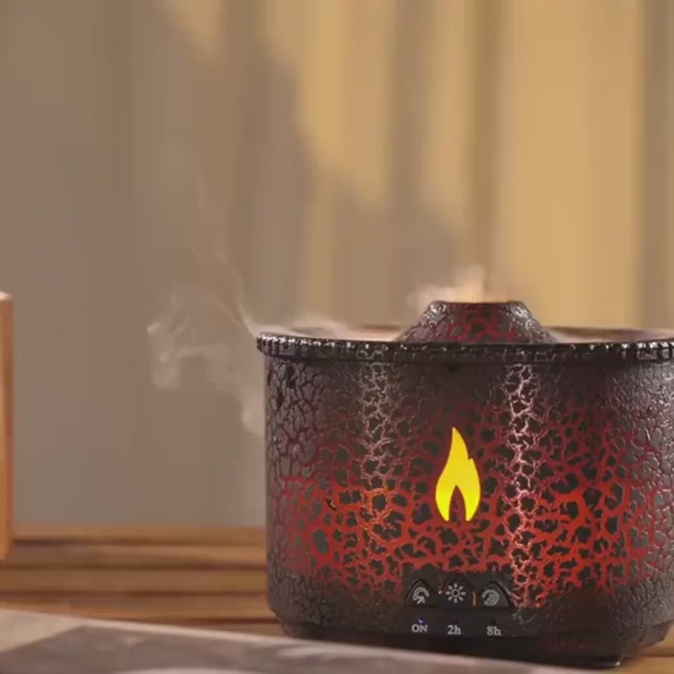 1.White flameless candle with orange glow on a wooden surface