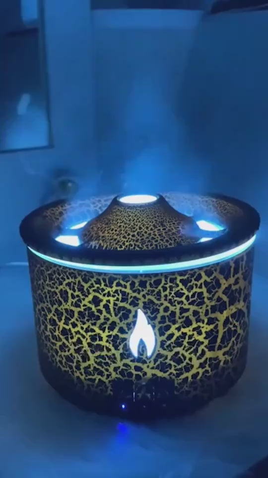 1.White flameless candle with orange glow on a wooden surface