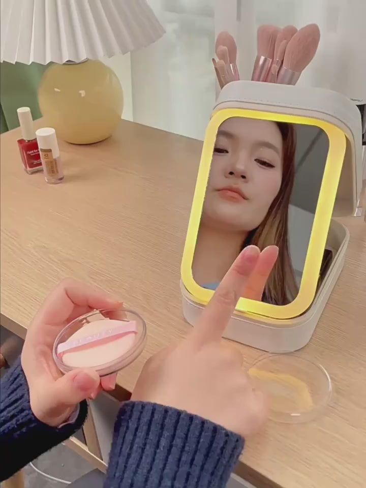 Pink Portable Makeup Storage Box with LED Mirror