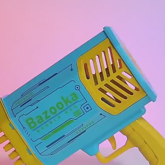 Bazooka bubble gun with bubbles in a park setting, including bubble solution and charger. Yellow