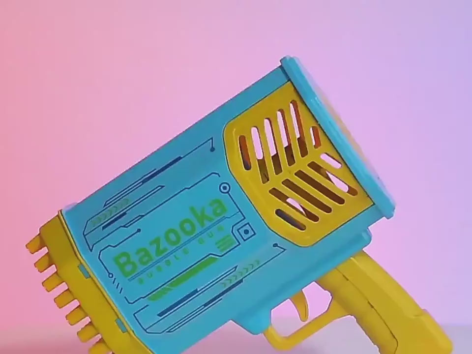 Bazooka bubble gun with bubbles in a park setting, including bubble solution and charger. Yellow